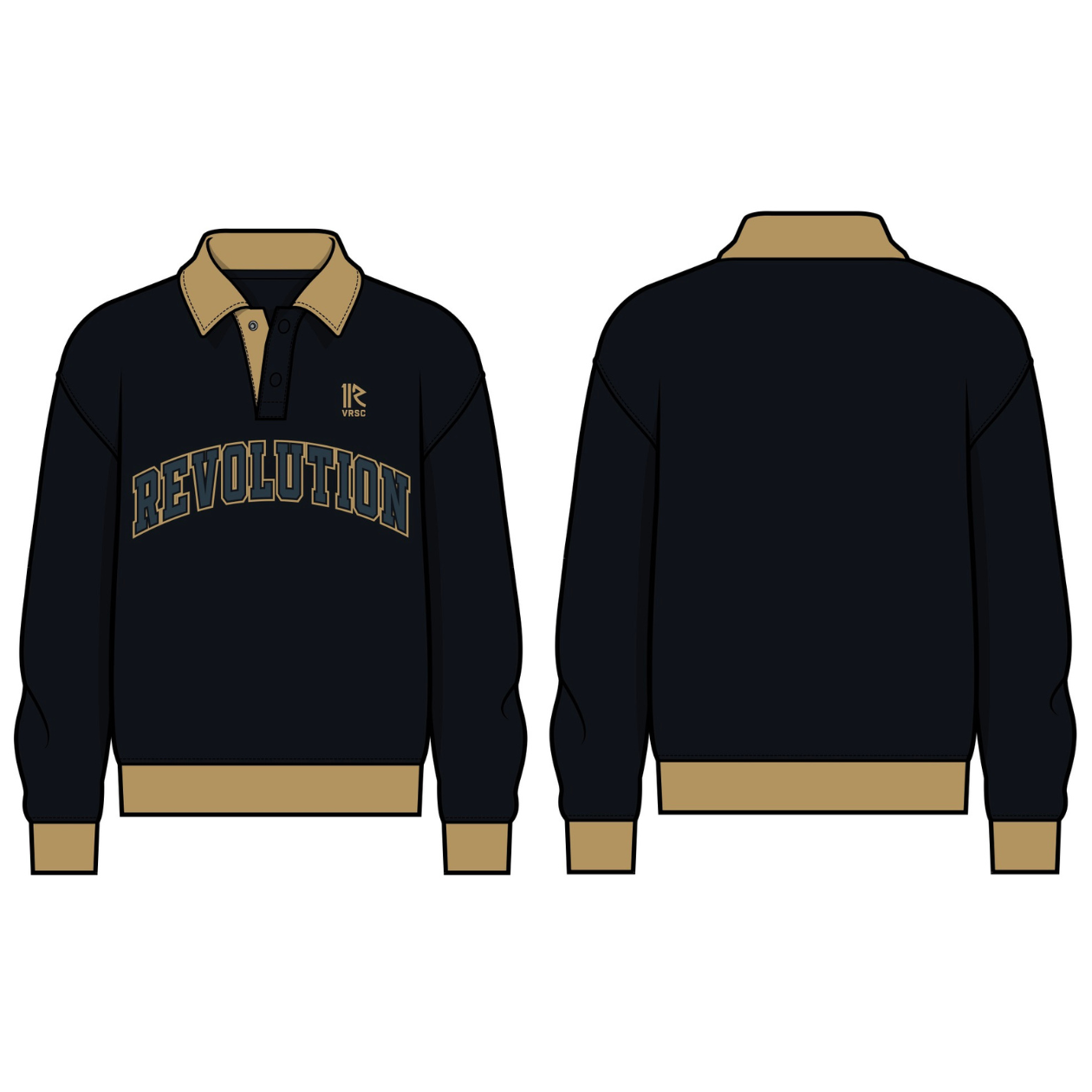 Black jacket with gold accents on a white background