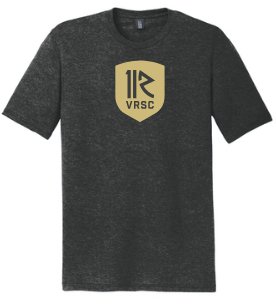 A gray T-shirt with a shield-shaped logo in yellow that reads 'VRSC'.
